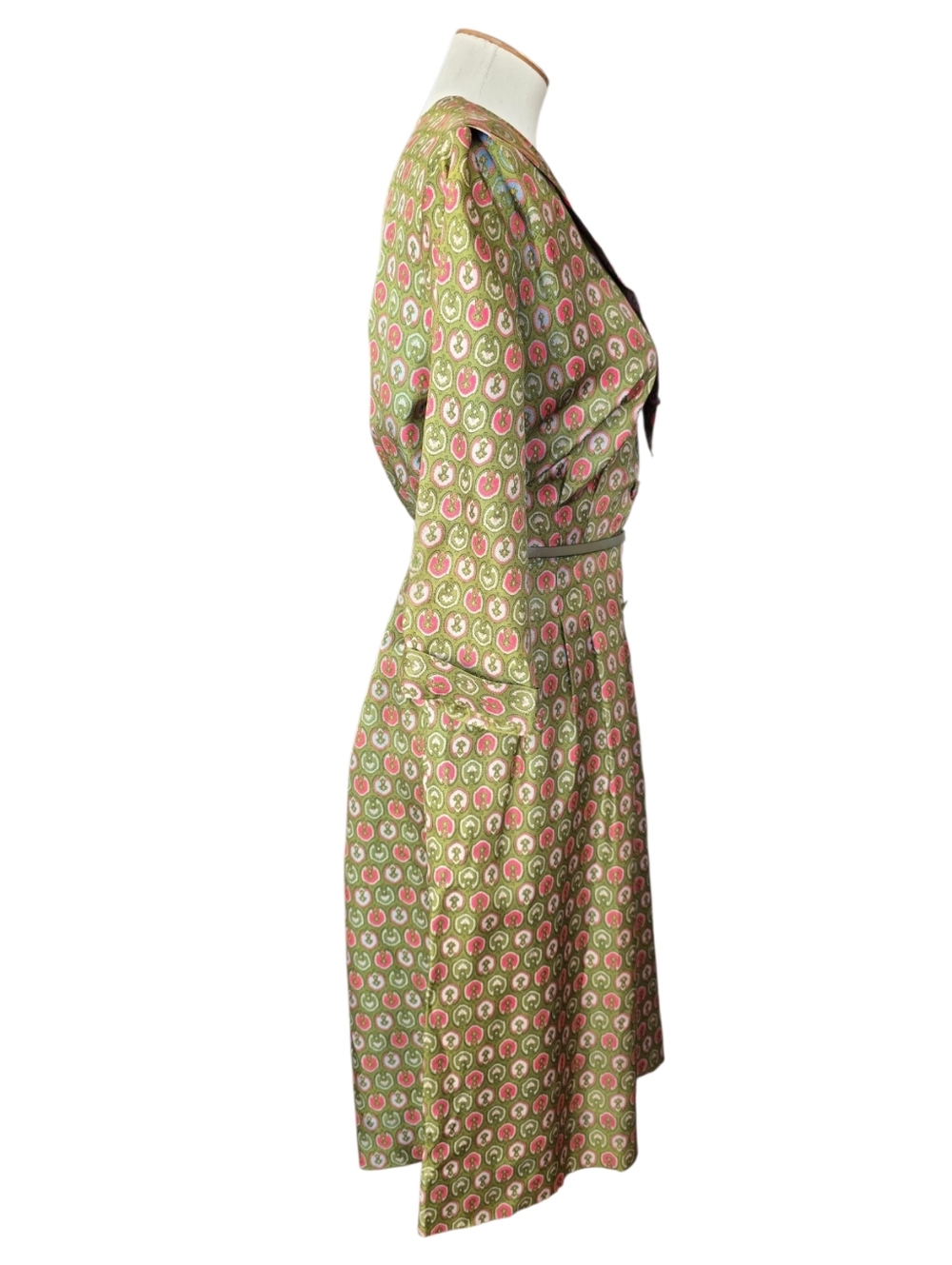 Vintage 1950s Korell Printed Day Dress Olive Pink Novelty Print Womens Size XL - Picture 4 of 15